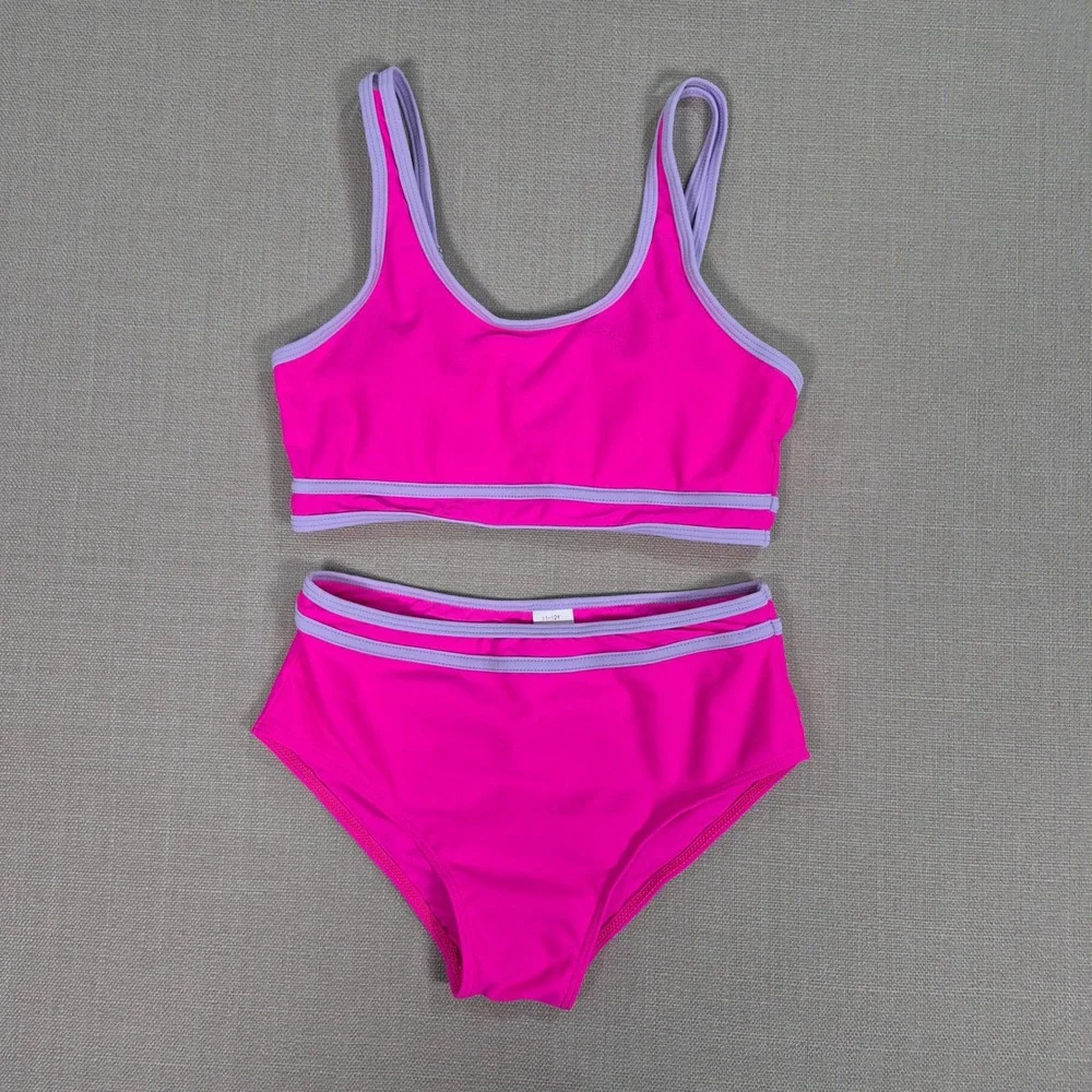 Girls Hot Pink and Purple Two Piece Swimsuit Bikini Set Size 11-12Y